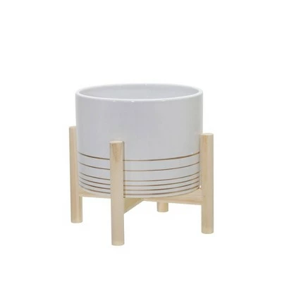 Sagebrook Home Metallic Ceramic Planter with Wood Stand White 5 Sagebrook Home Metallic Ceramic Planter with Wood Stand White - Image 4