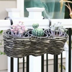 Sunnydaze Decor Sunnydaze Indoor/Outdoor Polyrattan Over-the-Rail Tri-Planter with 3 Round Black Plastic Liners - Charcoal