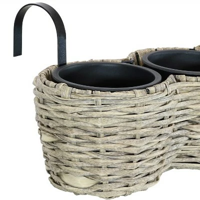 Sunnydaze Decor Sunnydaze Indoor/Outdoor Polyrattan Over-the-Rail Tri-Planter with 3 Round Black Plastic Liners - Frost 4 Sunnydaze Decor Sunnydaze Indoor/Outdoor Polyrattan Over-the-Rail Tri-Planter with 3 Round Black Plastic Liners - Frost - Image 2
