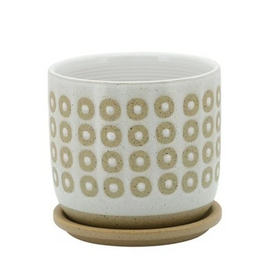 Sagebrook Home Circles Ceramic Planter with Saucer White 3 Sagebrook Home Circles Ceramic Planter with Saucer White - Image 2