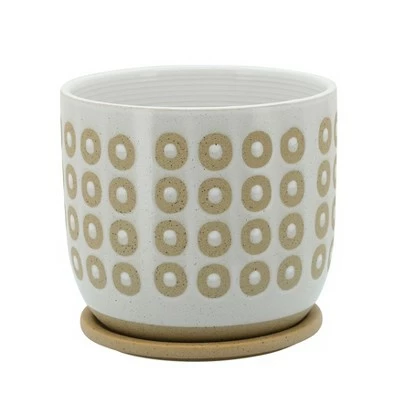 Sagebrook Home Circles Ceramic Planter with Saucer White 4 Sagebrook Home Circles Ceramic Planter with Saucer White - Image 3