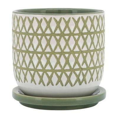 Sagebrook Home 5" "X" Ceramic Planter with Saucer Olive 7 Sagebrook Home 5" "X" Ceramic Planter with Saucer Olive - Image 5