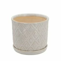Sagebrook Home Set of 2 Diamond Ceramic Planters with Saucers Beige