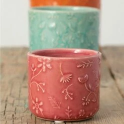 Sullivans Set of 3 Floral Relief Flower Planter 4.5"H, 4"H & 2.75"H Red