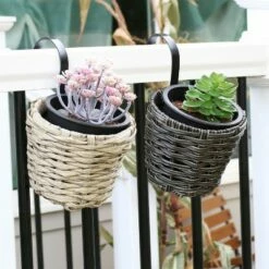Sunnydaze Decor Sunnydaze Modern Round Polyrattan Indoor/Outdoor Over-the-Rail Planter - 5.25" Diameter - Mist and Charcoal - 2-Piece Set