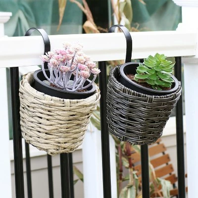 Sunnydaze Decor Sunnydaze Modern Round Polyrattan Indoor/Outdoor Over-the-Rail Planter - 5.25" Diameter - Mist and Charcoal - 2-Piece Set 3 Sunnydaze Decor Sunnydaze Modern Round Polyrattan Indoor/Outdoor Over-the-Rail Planter - 5.25" Diameter - Mist and Charcoal - 2-Piece Set