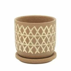 Sagebrook Home Cross Ceramic Planter with Saucer Tan
