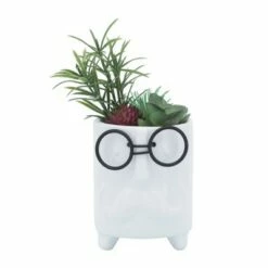 Sagebrook Home Ceramic Face Planter with Artificial Plant White
