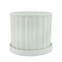 Sagebrook Home Set of 2 Ridges Ceramic Planters with Saucers White