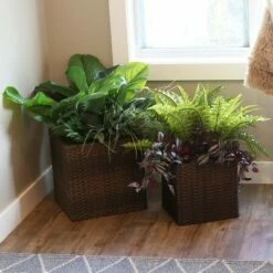 Sunnydaze Decor Sunnydaze Square Indoor Polyrattan Planters with Attached Clear Polypropylene Liner 14" Square x 14" H and 11" Square x 11" H - Brown 2-Piece