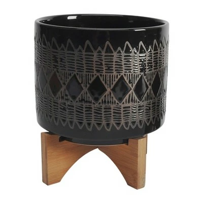 Set of 2 10.5" Ceramic Aztec Planters on Wooden Stand Black - Sagebrook Home 3 Set of 2 10.5" Ceramic Aztec Planters on Wooden Stand Black - Sagebrook Home