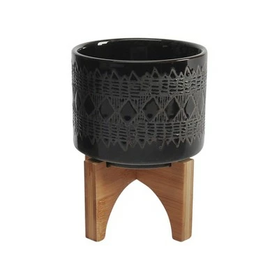 Set of 2 10.5" Ceramic Aztec Planters on Wooden Stand Black - Sagebrook Home 4 Set of 2 10.5" Ceramic Aztec Planters on Wooden Stand Black - Sagebrook Home - Image 2