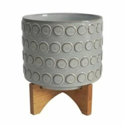 Set of 2 11" Ceramic Planters On Wooden Stand Ivory - Sagebrook Home