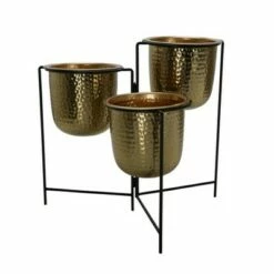 20" Metal Hammered Planter Trio with Stand - Sagebrook Home Gold