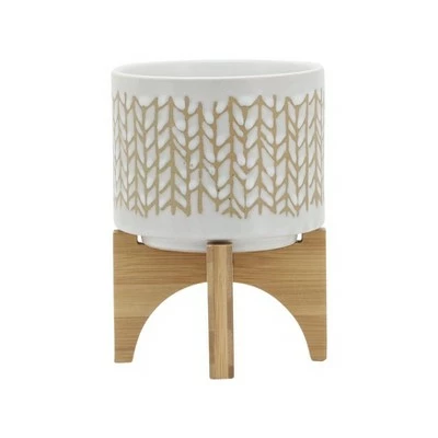 Sagebrook Home 7" Chevron Ceramic Planter with Wood Stand Beige 3 Sagebrook Home 7" Chevron Ceramic Planter with Wood Stand Beige