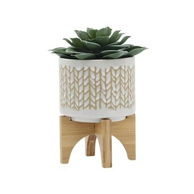 Sagebrook Home 7" Chevron Ceramic Planter with Wood Stand Beige 4 Sagebrook Home 7" Chevron Ceramic Planter with Wood Stand Beige - Image 2