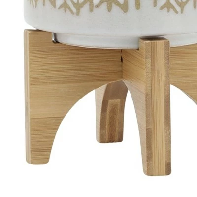 Sagebrook Home 7" Chevron Ceramic Planter with Wood Stand Beige 8 Sagebrook Home 7" Chevron Ceramic Planter with Wood Stand Beige - Image 6