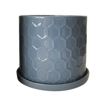 Sagebrook Home Set of 2 Honeycomb Ceramic Planters with Saucers Gray 4 Sagebrook Home Set of 2 Honeycomb Ceramic Planters with Saucers Gray - Image 2