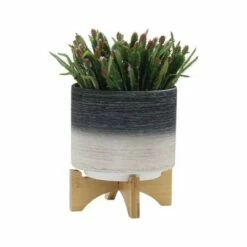 Set of 2 12" Ceramic Planters on Wooden Stand Gray - Sagebrook Home