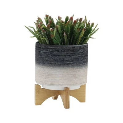 Set of 2 12" Ceramic Planters on Wooden Stand Gray - Sagebrook Home 3 Set of 2 12" Ceramic Planters on Wooden Stand Gray - Sagebrook Home