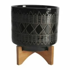 Set of 2 19" Aztec Ceramic Planters On Wooden Stand Black - Sagebrook Home
