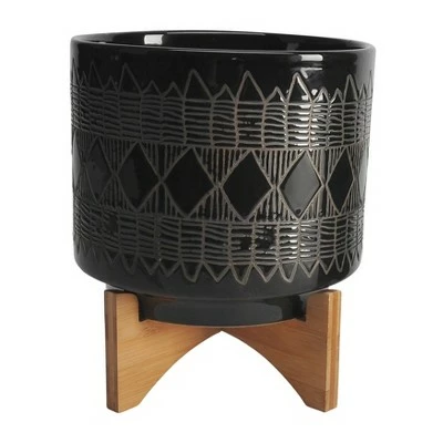 Set of 2 19" Aztec Ceramic Planters On Wooden Stand Black - Sagebrook Home 3 Set of 2 19" Aztec Ceramic Planters On Wooden Stand Black - Sagebrook Home
