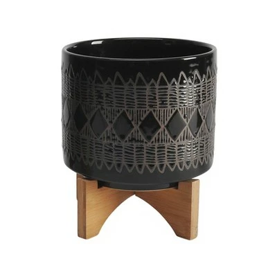 Set of 2 19" Aztec Ceramic Planters On Wooden Stand Black - Sagebrook Home 4 Set of 2 19" Aztec Ceramic Planters On Wooden Stand Black - Sagebrook Home - Image 2