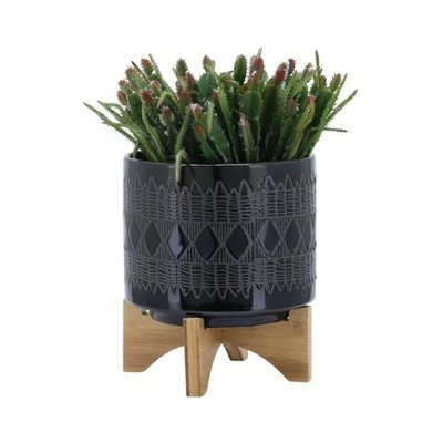 Set of 2 19" Aztec Ceramic Planters On Wooden Stand Black - Sagebrook Home 6 Set of 2 19" Aztec Ceramic Planters On Wooden Stand Black - Sagebrook Home - Image 4