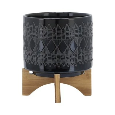 Set of 2 19" Aztec Ceramic Planters On Wooden Stand Black - Sagebrook Home 9 Set of 2 19" Aztec Ceramic Planters On Wooden Stand Black - Sagebrook Home - Image 7