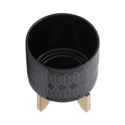 Set of 2 19" Aztec Ceramic Planters On Wooden Stand Black - Sagebrook Home 10 Set of 2 19" Aztec Ceramic Planters On Wooden Stand Black - Sagebrook Home - Image 8