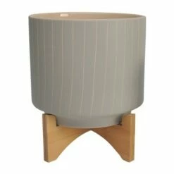 Set of 2 12" Ceramic Stripes Planter with Stand Tan - Sagebrook Home