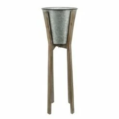 Sagebrook Home Set of 3 Metal Planter with Wood Stand Gray