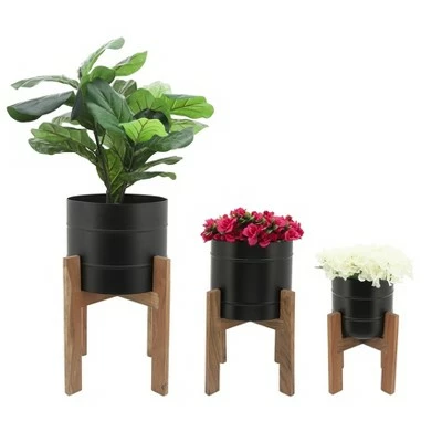 Sagebrook Home Set of 3 Cylinder Metal Planters with Wood Stand Black 2 Sagebrook Home Set of 3 Cylinder Metal Planters with Wood Stand Black