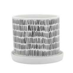 Sagebrook Home Set of 2 Etched Lines Patterned Geometric Ceramic Planters with Saucers White/Black