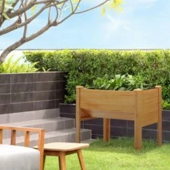 Outsunny 48'' Fir Wood Raised Garden Bed with Tool Hooks Elevated Planter Box Stand with Unique Funnel Design for Backyard Patio to Grow Vegetables