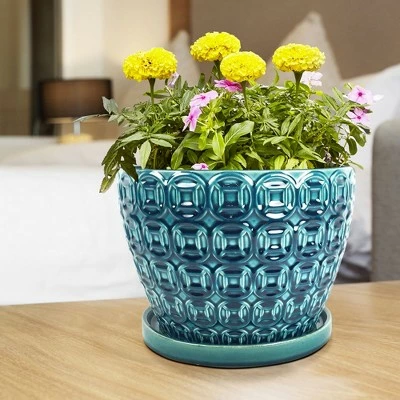 Southern Patio 12 Inch Ceramic Clay Mayer Flower Planter & Saucer Tray, Seafoam 4 Southern Patio 12 Inch Ceramic Clay Mayer Flower Planter & Saucer Tray, Seafoam - Image 2