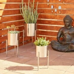 Set of 3 Contemporary Metal Planters in Stands - Olivia & May Gold