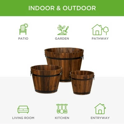Best Choice Products Set of 3 Rustic Wood Bucket Barrel Flower Garden Planters Set w/ Drainage Holes, Multiple Sizes 6 Best Choice Products Set of 3 Rustic Wood Bucket Barrel Flower Garden Planters Set w/ Drainage Holes, Multiple Sizes - Image 4