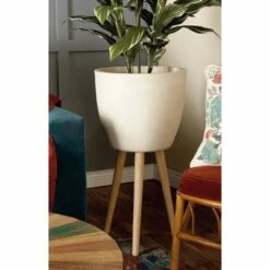 Modern Clay Plant Stand with Tripod Wood Base - Olivia & May White