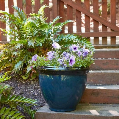 Southern Patio 12 Inch Heritage Round Outdoor Patio Porch Resin Plastic Lightweight Planter Pot w/ Glossy Finish, Monaco Blue 4 Southern Patio 12 Inch Heritage Round Outdoor Patio Porch Resin Plastic Lightweight Planter Pot w/ Glossy Finish, Monaco Blue - Image 2