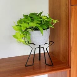 9" Simple Minimalist Tabletop and Floor Florence Wood Stone and Iron Planter with Stand Terra Cotta - ACHLA Designs