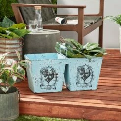 Olivia & May 23" French Country Rooster Illustration Square Metal Planter with Handles Distressed Blue - Olivia & May