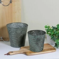 Allstate Floral Set of 2 Patina Leaf Motif Planter Buckets 11"
