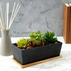 Juvale Black Rectangle Cement Planter Indoor Outdoor with Wooden Drainage Base (8.34 x 4 x 3 in)