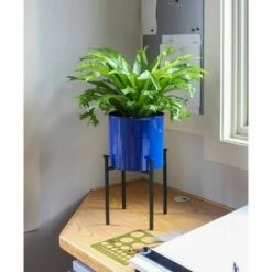 15"H Cylinder Planter Pot French Blue Galvanized Steel with 4-Legged Black Wrought Iron Plant Stand - ACHLA Designs