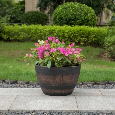 Gardenised Brown Outdoor Rustic Half Barrel Flower Garden Planter Bowl, Plastic 4 Gardenised Brown Outdoor Rustic Half Barrel Flower Garden Planter Bowl, Plastic - Image 2