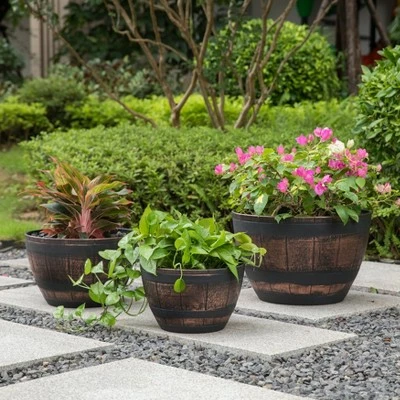 Gardenised Brown Outdoor Rustic Half Barrel Flower Garden Planter Bowl, Plastic 8 Gardenised Brown Outdoor Rustic Half Barrel Flower Garden Planter Bowl, Plastic - Image 6