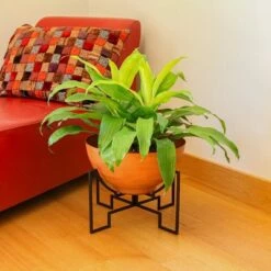 ACHLA Designs 13.25" x 16" Burnt Sienna Galvanized Steel Planter Bowl with Black Wrought Iron Plant Stand