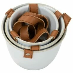 Set of 3 Antique White Enamel Metal and Faux Leather Straps Hanging Planter - Foreside Home & Garden