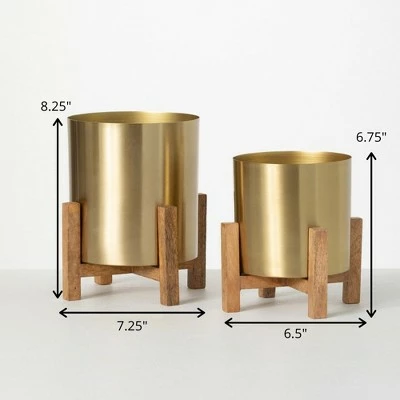 Sullivans Brass Planter Pair On Stands Set of 2, 8.25"H & 6.75"H Gold 5 Sullivans Brass Planter Pair On Stands Set of 2, 8.25"H & 6.75"H Gold - Image 3